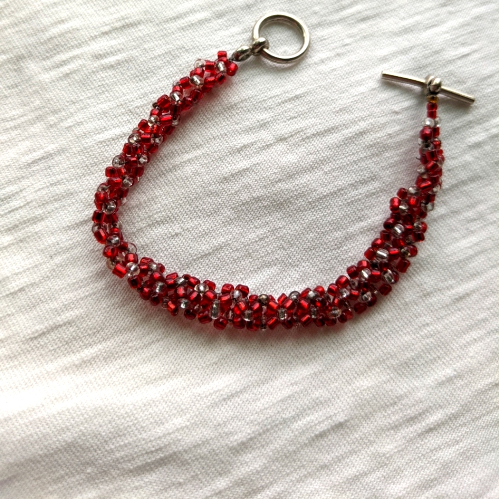 Red and white beaded bracelet